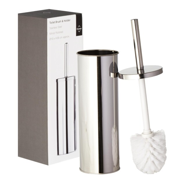Housewares Toilet Brush & Holder Chrome Metal Toilet Set Attached Lid