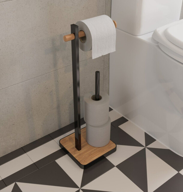 Croydex Bamboo & Matt Black Freestanding Toilet Roll Holder – Modern