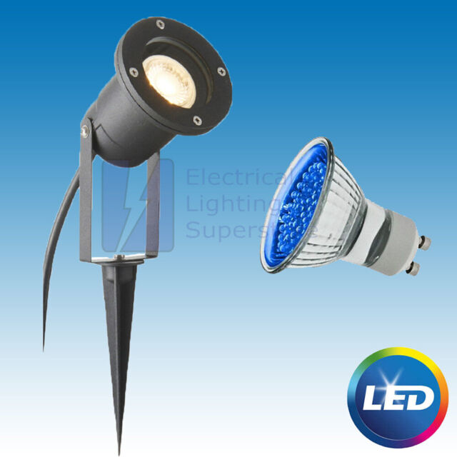Blue Led Gu10 Directional Black Garden Spike / Wall Light Outdoor