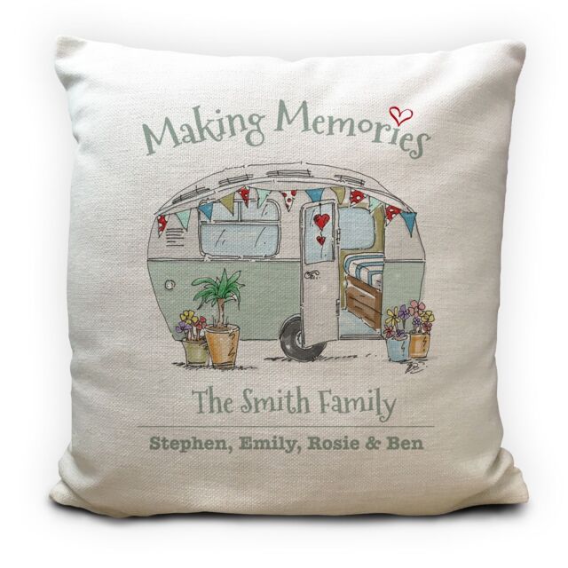 Personalised Family Caravan Illustration Making Memories Cushion Cover