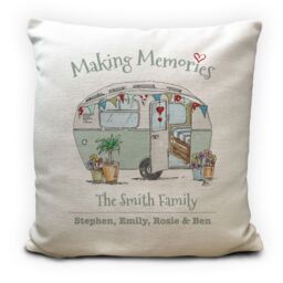 Personalised Family Caravan Illustration Making Memories Cushion Cover