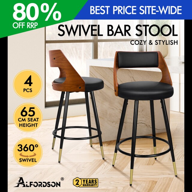 Alfordson 4x Bar Stools Padded Pu Leather Swivel Metal Leg Kitchen
