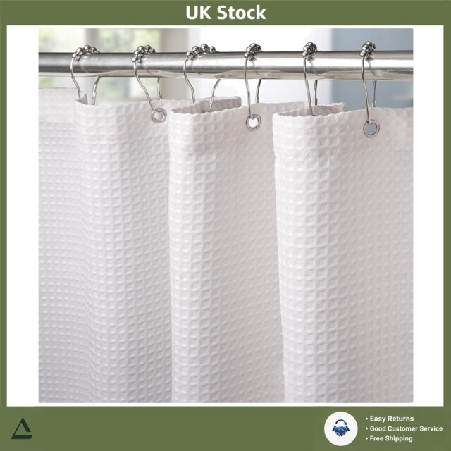 Elegant White Waffle Fabric Shower Curtain Waterproof Weighted 182 X