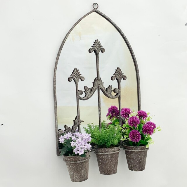 Rusty Wall Mirror With Triple Planter Metal Garden Wall Decor Dark