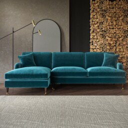 Teal Velvet L Shaped Sofa 3 Seater Left Hand Facing Saddle Arms