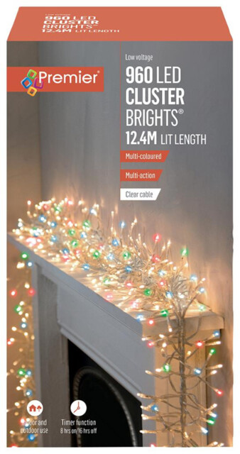 960 Led Multi-colour Cluster Christmas Lights, With Clear Cable &