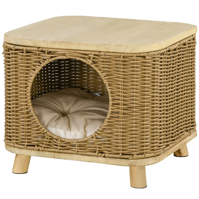 Cat House, Cat Bed Wicker, Elevate Washable Cushion - Natural Wood