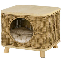 Cat House, Cat Bed Wicker, Elevate Washable Cushion - Natural Wood