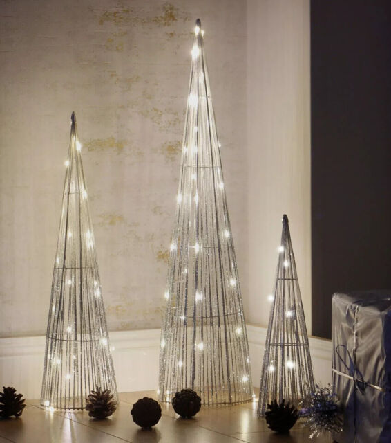 Christmas Cone Tree Decoration Silver Set Pre-lit Led Xmas Home Decor