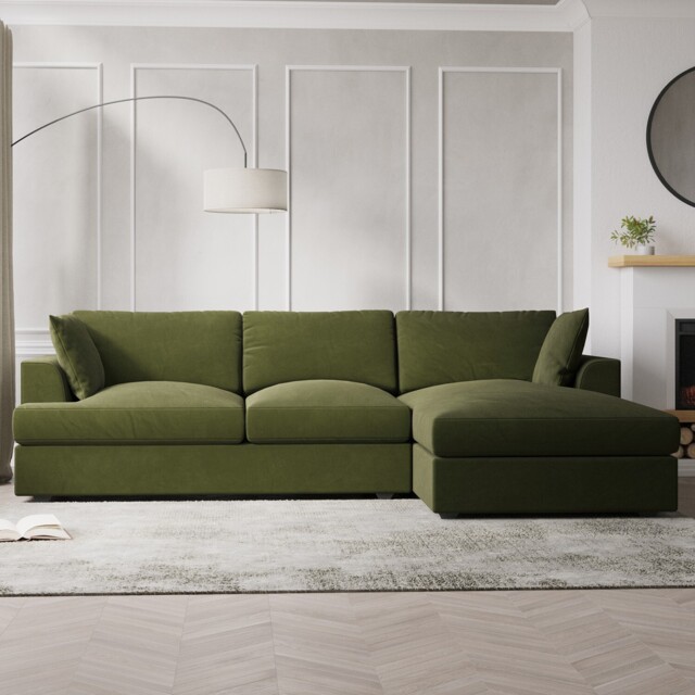 Green Velvet L Shaped Sofa 3 Seater Right Hand Facing Saddle Arms Foam