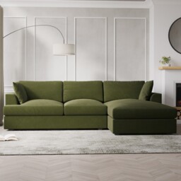 Green Velvet L Shaped Sofa 3 Seater Right Hand Facing Saddle Arms Foam