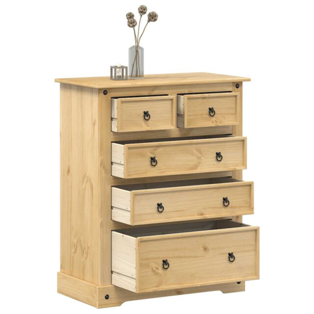 Chest Of Drawers 92x48x114 Cm Solid Pine Honey Finish 5 Drawers Metal