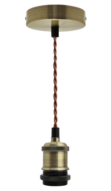 Ceiling Rose & Pendant Fabric Flex Antique Brass Hanging Lamp Holder