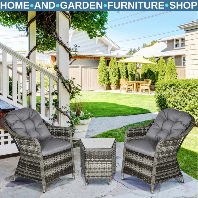 3 Piece Rattan Bistro Set Garden Balcony Furniture Cushions & Glass