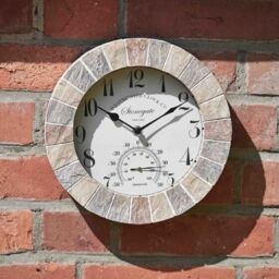 Stonegate Sandstone 10in Wall Clock And Thermometer Outside-in By