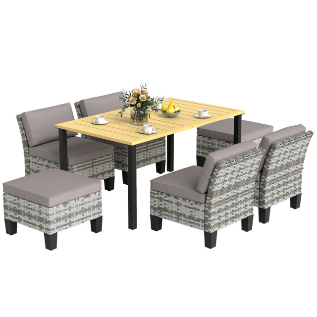 Outsunny 7pc Rattan Garden Dining Set Grey W/ Cushions Table Parasol