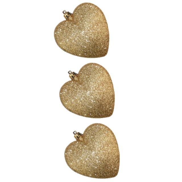 Christmas Decorations 3 Pack 90mm Glitter Hearts Tree Gold