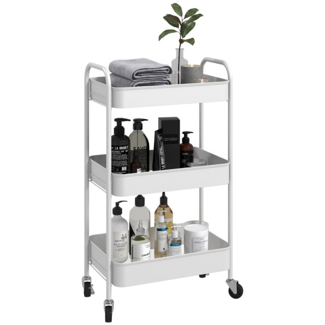 Rolling Cart 3-tier Steel White 45x30.6x79cm Mesh Baskets Compact