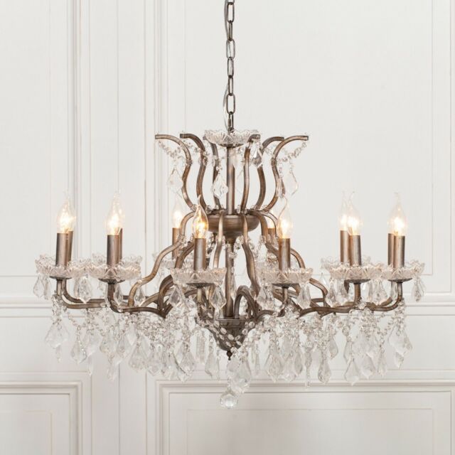 Large Silver 12 Arm Branch French Shallow Cut Glass Chandelier High