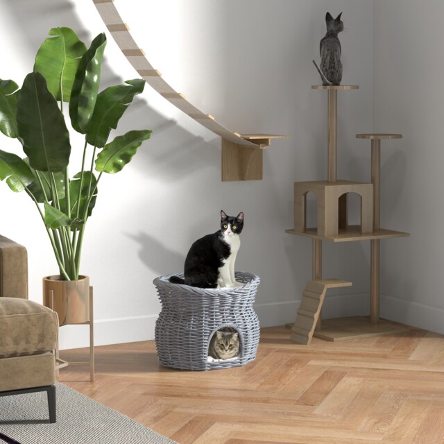 2-tier Elevated Pet Cushion Bed Basket Willow Cat Tree House Condo