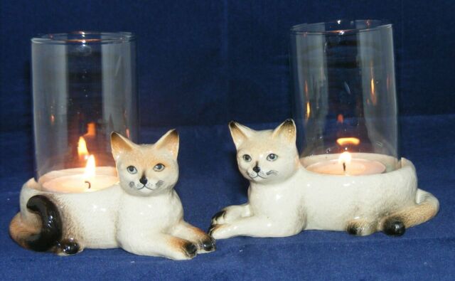 Klima Pair Of Porcelain Siamese Cat Candle Holders With Glass L691
