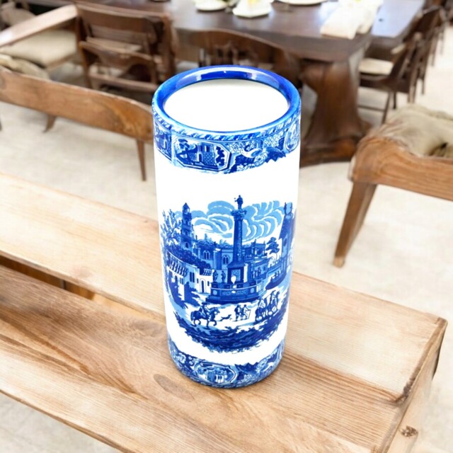 Blue White Ceramic Round Floral Umbrella Stand -a Sophisticated Touch