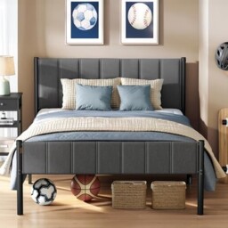 Double Bed Frame, 135 X 190 Cm, With Upholstered Headboard, Metal Bed