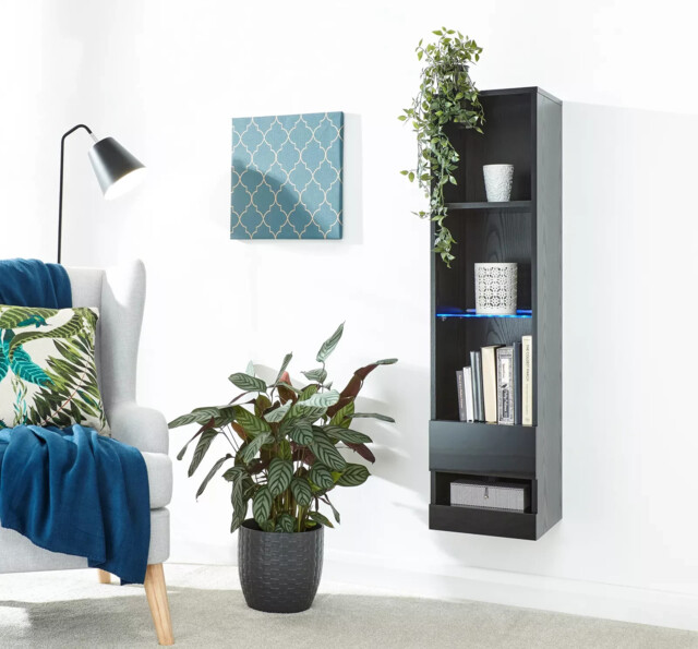 Living Room Tall Display Shelf Unit With Led Black Book Galicia Wall