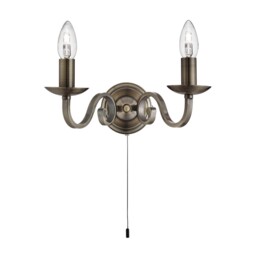 Wall Light Antique Brass 2 Light Candle Style E14 Dimmable Pull Cord