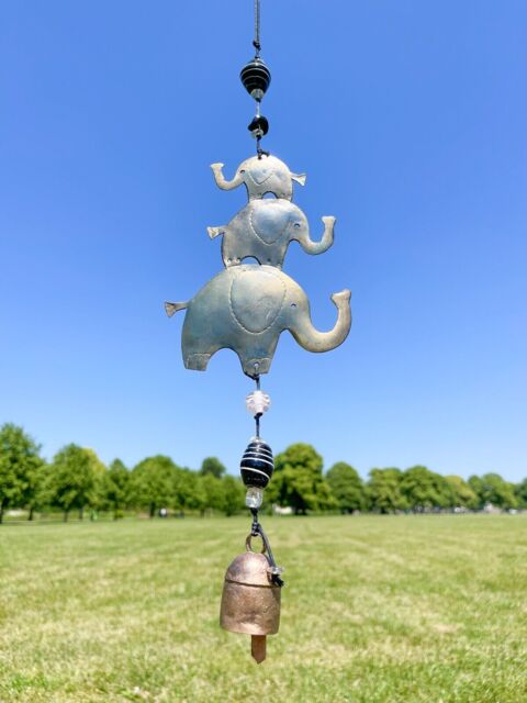 3 Elephants Iron Wind Chime With Black & White Glass Beads