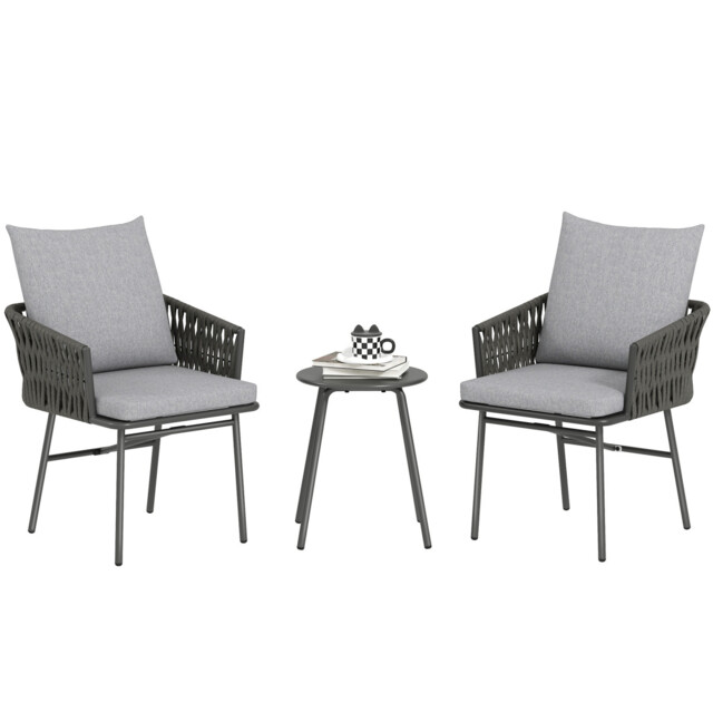 Patio Rattan Bistro Set 3pc - 2 Chairs, Metal Table & Grey Cushions