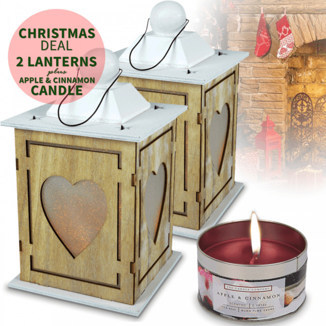 Two Wooden Decor Heart Lanterns Shabby Chic Decor Led Battery Inc