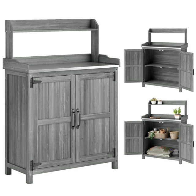 Outsunny Wooden Potting Bench Table With Aluminium Worktop And Top