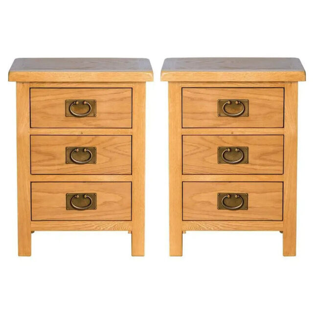 Oak Bedside Cabinets 3 Drawer – Solid Wood Set Of 2 Bedroom Tables