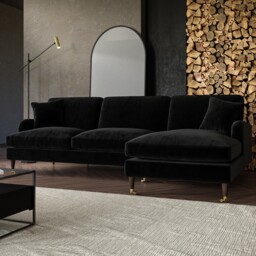 Black Velvet L Shaped Sofa 3 Seater Right Hand Facing Saddle Arms