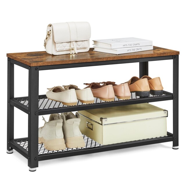 Vasagle Shoe Bench, Rack With 2 Shelves, Organiser, 30 X 73 Cm, Oak