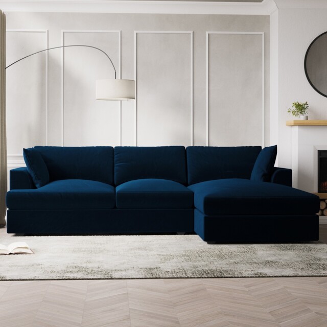 Blue Velvet L Shaped Sofa 3 Seater Right Hand Facing Saddle Arms Foam