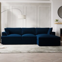 Blue Velvet L Shaped Sofa 3 Seater Right Hand Facing Saddle Arms Foam