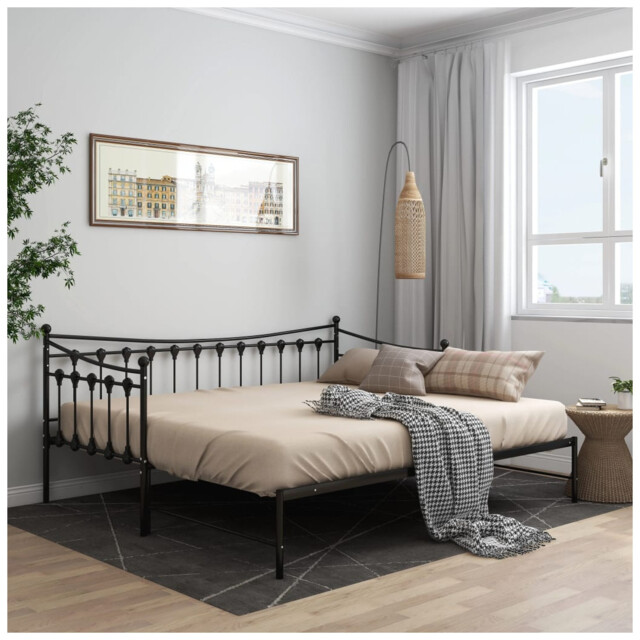Sofa Bed Frame Powder-coated Black Metal 206x184.5x91.5cm Pull-out