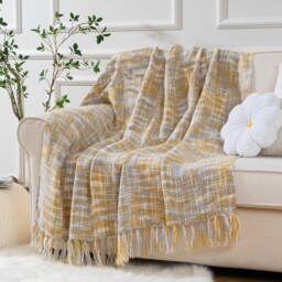 Battilo Home Yellow Sofa Throw Blanket With Fringe Decorative Boho
