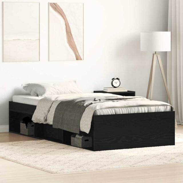Bed Frame Black Oak 75x190 Cm Engineered Wood Storage 6 Compartments