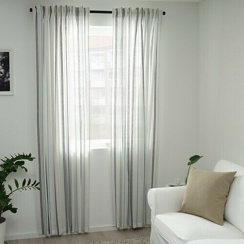 Ikea Adelspinnare Curtains, White/blue Stripes, 145 X 250 Cm -