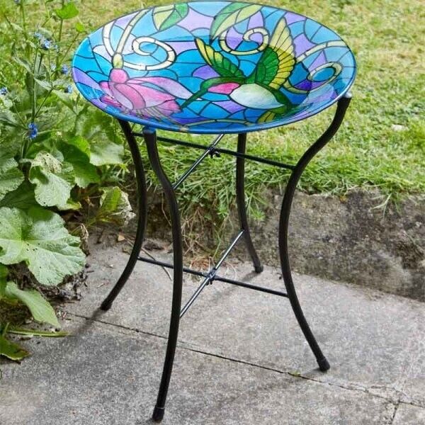 Glass Hummingbird Bird Bath Garden Furniture Decorative Patio Feed