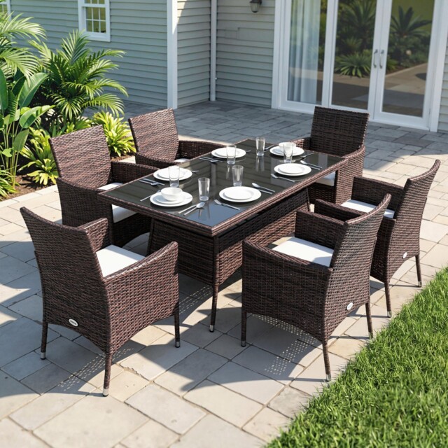 6 Seater Rattan Dining Set With Cushions Glass Top Table, Garden