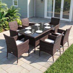6 Seater Rattan Dining Set With Cushions Glass Top Table, Garden