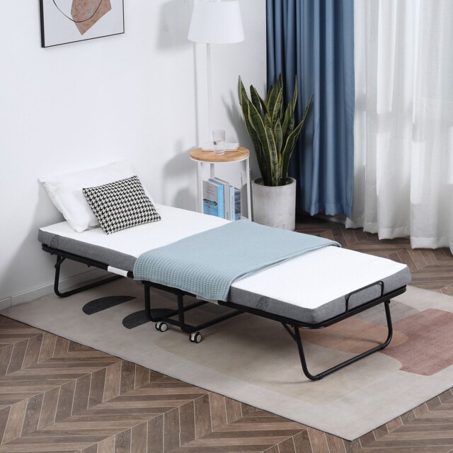 Folding Bed With 10cm Mattress, Portable Guest Bed With Metal Frame On