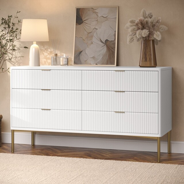 Chest Of Drawers White Gloss With 6 Ribbed Drawers Gold Handles Legs