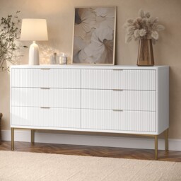Chest Of Drawers White Gloss With 6 Ribbed Drawers Gold Handles Legs