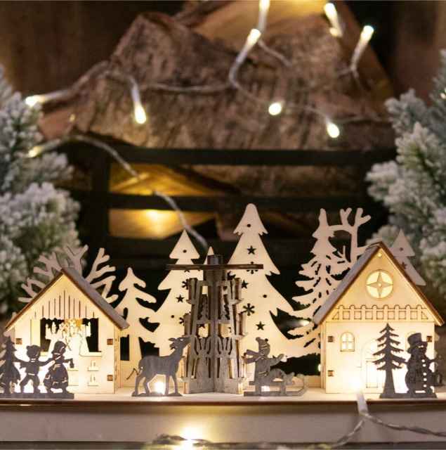 Lightup Led Festive Village Scene Wooden Christmas Decoration Ornament