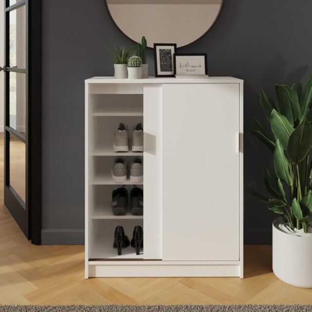 Sliding Door Shoe Cabinet 2 Door Storage Display Rack Hallway White